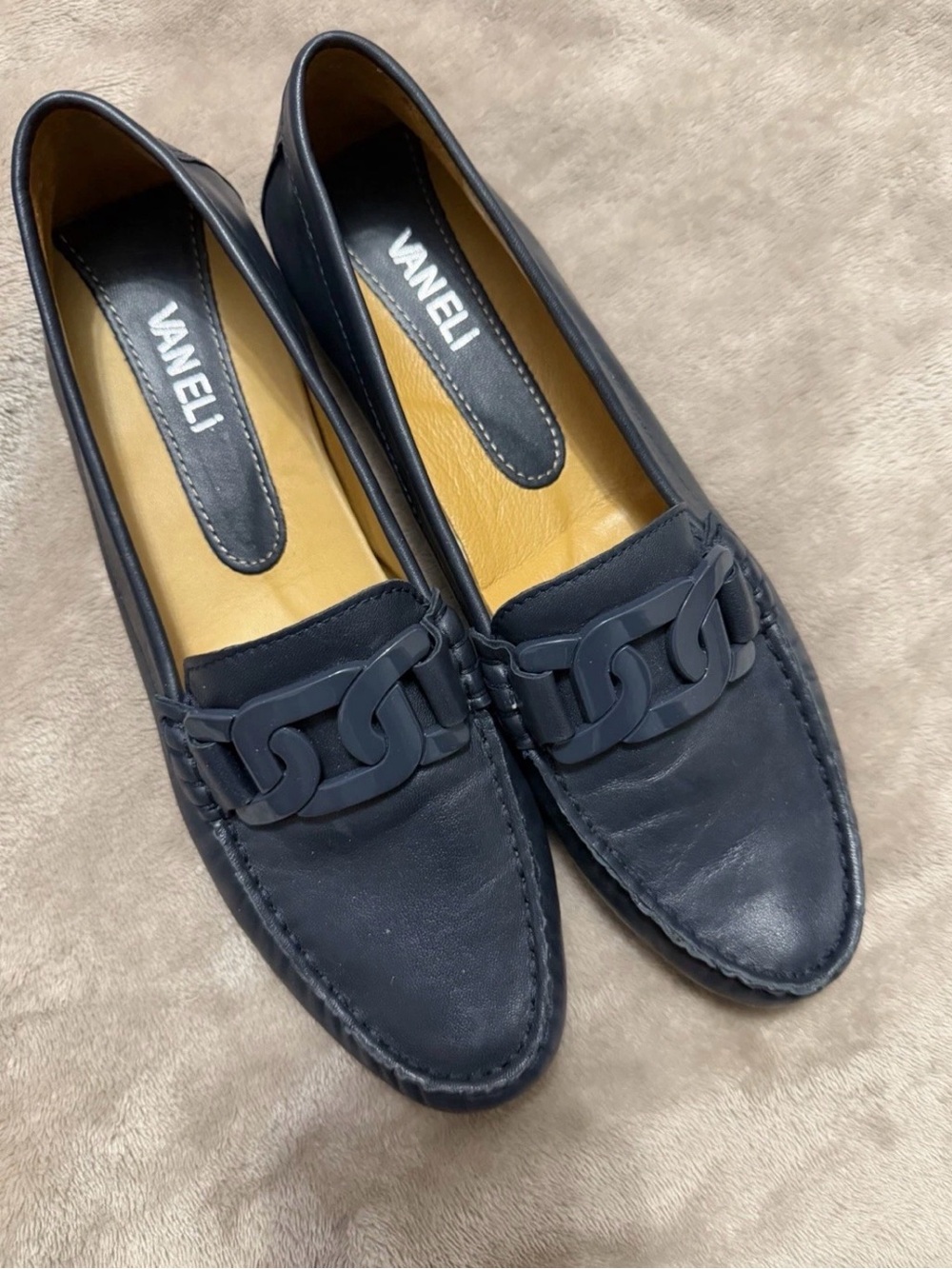 Vaneli Navy Leather Chain-Link Loafers